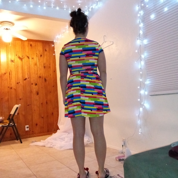 Vintage 🌈 Rainbow Stretchy Button Up Mini Retro 80's Dress - Picture 11 of 11
